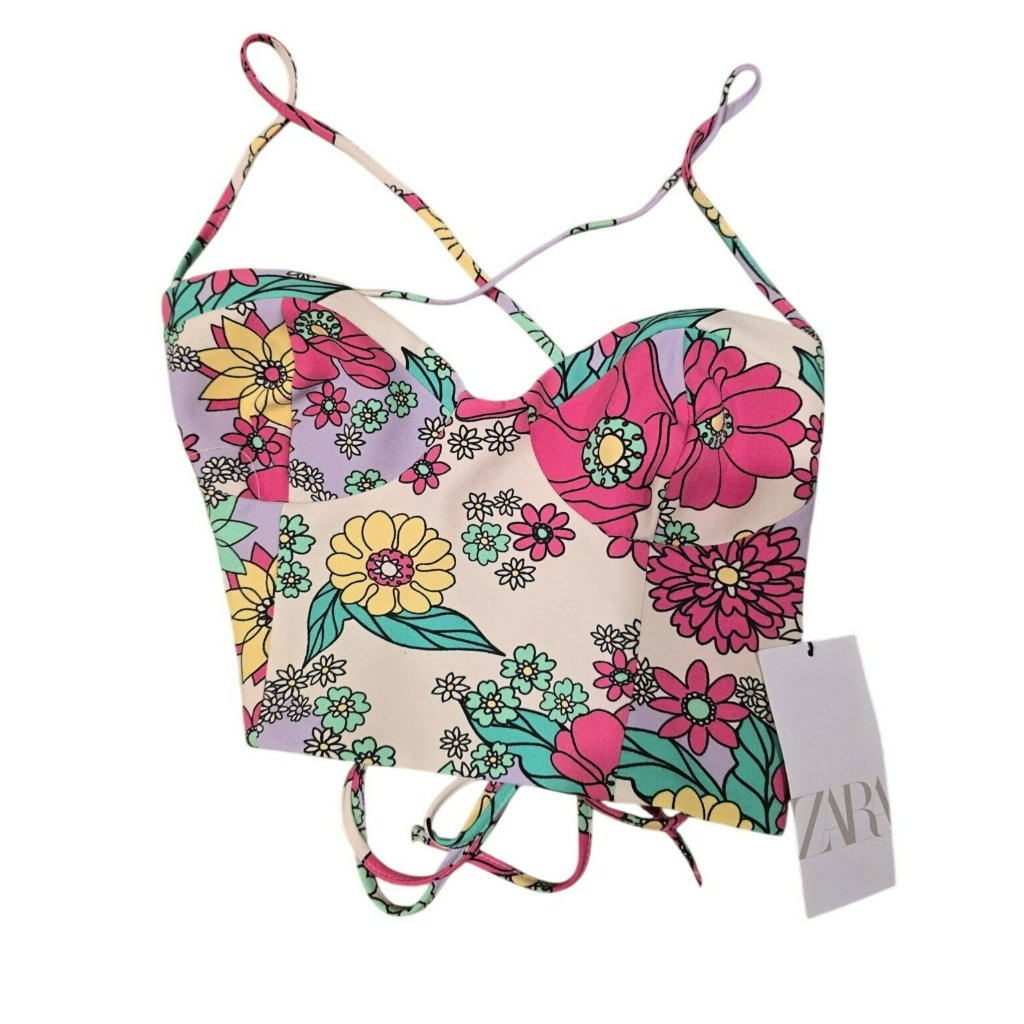 Zara Floral Crop Top In Pink, Yellow, Green